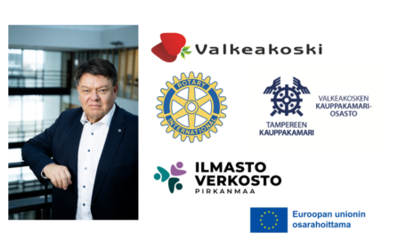 Petteri Taalas, Valkeakosken kaupungin, Rotaryklubi Valkeakoski-Tohkan, Valkeakosken Kauppakamariosaston, Pirkanmaan ilmastoverkoston ja Euroopan maaseuturahaston logot